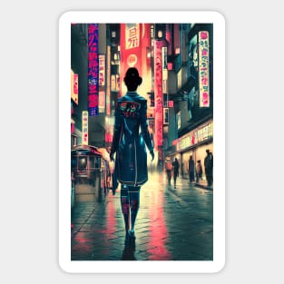 Cyberpunk girl in the streets of Tokyo Sticker